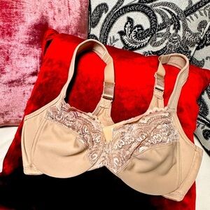 Glamorise BRA 34B Beige Wide Straps Low Cut WonderWire Lace Underwire 3466 PS